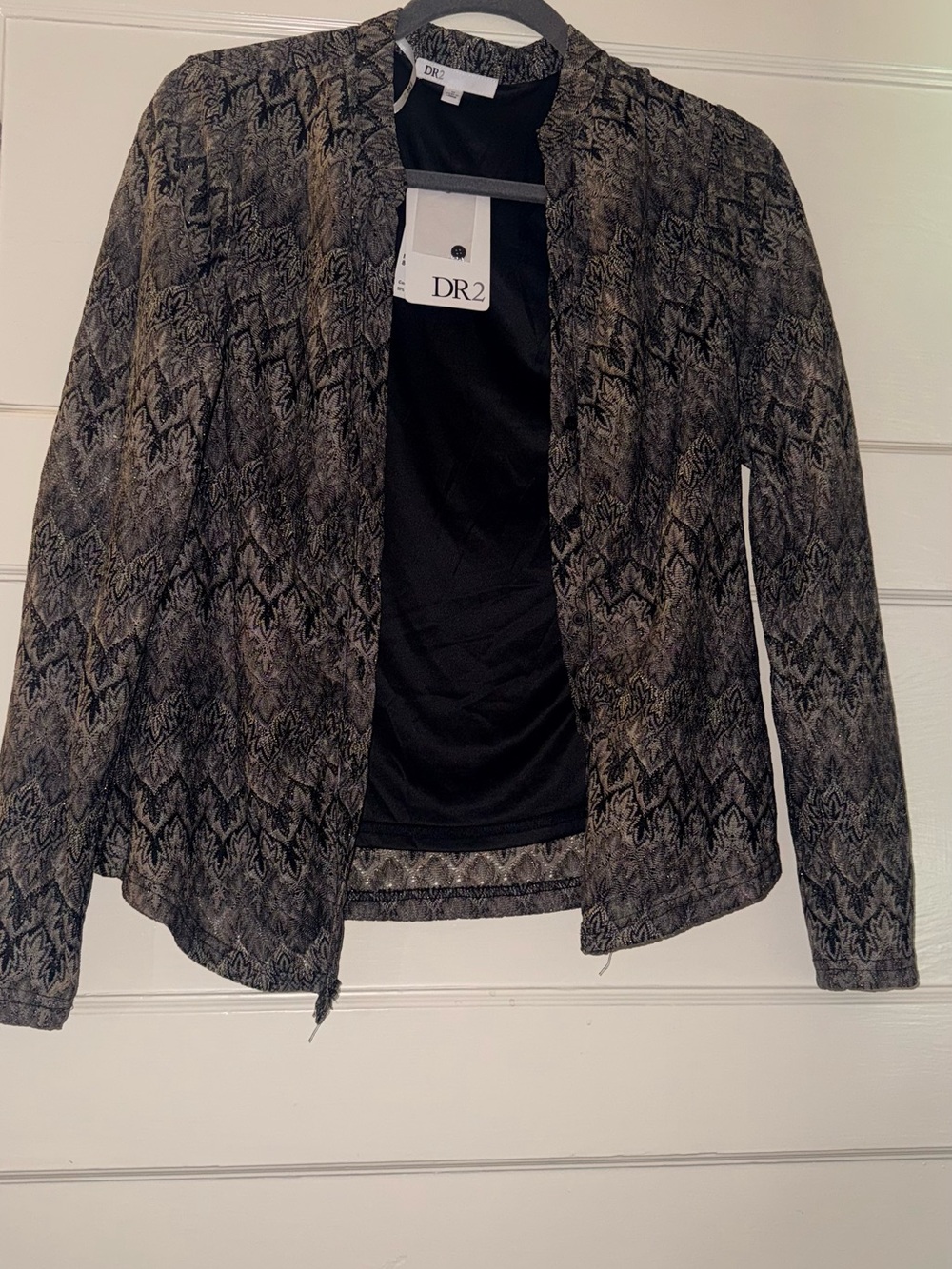 NWT DR2 Women's Open-Front Patterned Blazer in Black and Brown
